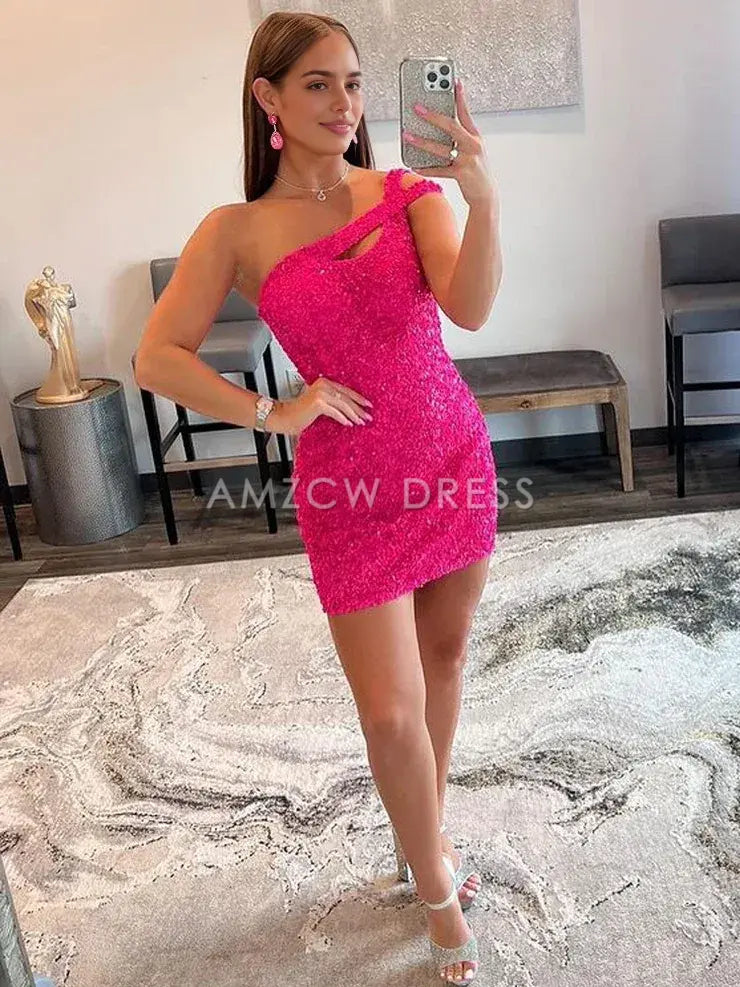 Amzcw Cute Bodycon One Shoulder Hot Pink Velvet Sequins Short Homecoming Dresses formal wear dresses