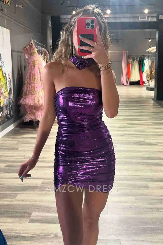 Amzcw Cute Bodycon Purple Sparkly Satin Short Homecoming Dresses formal wear dresses