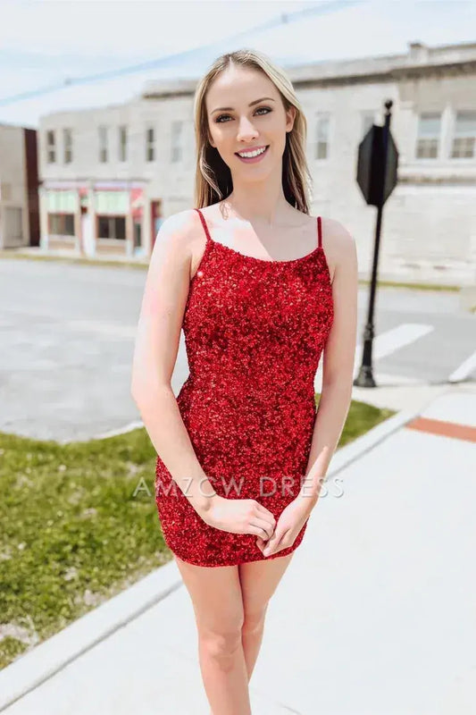 Amzcw Cute Bodycon Scoop Neck Red Sequins Short Homecoming Dresses