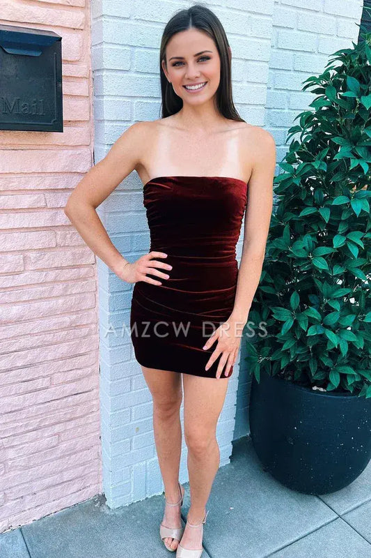 Amzcw Cute Bodycon Strapless Burgundy Short Homecoming Dresses
