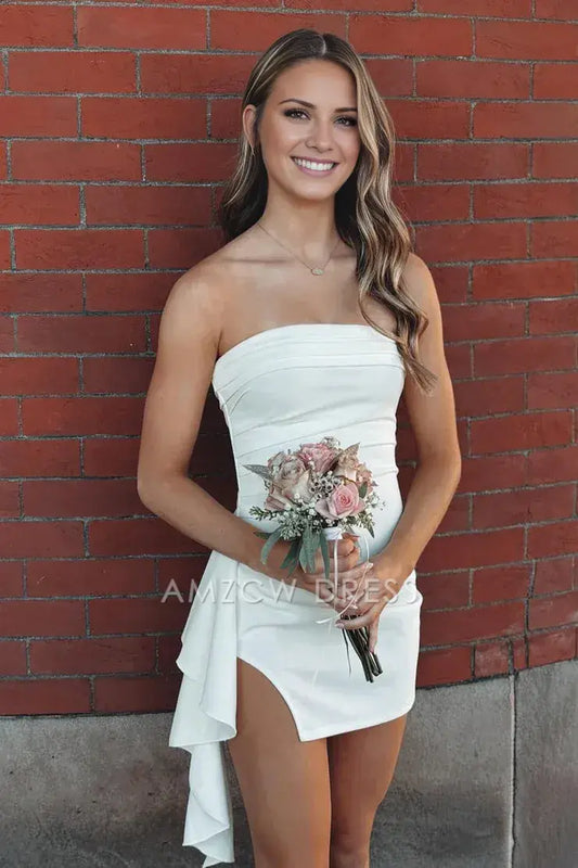 Amzcw Cute Bodycon Strapls White Satin Short Homecoming Dresses formal wear dresses