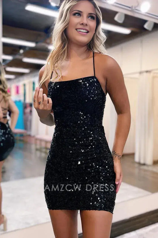 Amzcw Cute Bodycon Straps Black Sequins Short Homecoming Dresses