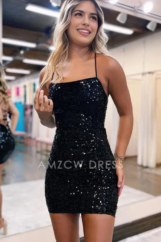 Amzcw Cute Bodycon Straps Black Sequins Short Homecoming Dresses formal wear dresses