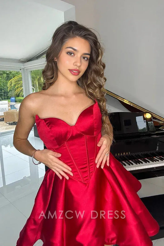 Amzcw Cute Bodycon Sweetheart Red Satin Short Homecoming Dresses formal wear dresses