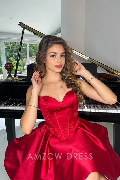 Amzcw Cute Bodycon Sweetheart Red Satin Short Homecoming Dresses formal wear dresses