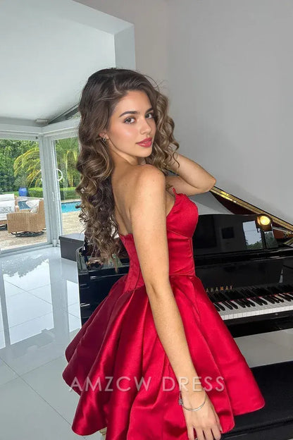 Amzcw Cute Bodycon Sweetheart Red Satin Short Homecoming Dresses formal wear dresses