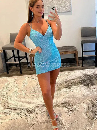 Amzcw Cute Bodycon V Neck Blue Sequins Short Homecoming Dresses formal wear dresses