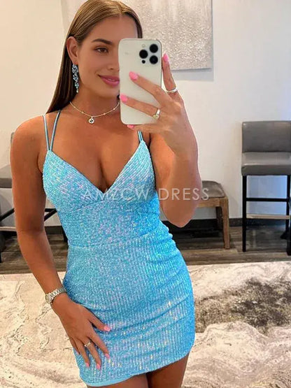 Amzcw Cute Bodycon V Neck Blue Sequins Short Homecoming Dresses formal wear dresses