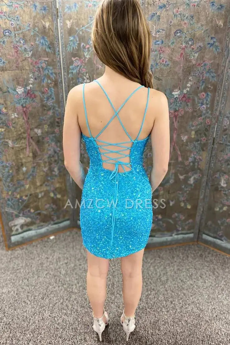 Amzcw Cute Bodycon V Neck Blue Sequins Short Homecoming Dresses with Lace-up formal wear dresses