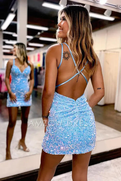 Amzcw Cute Bodycon V Neck Light Blue Sequins Short Homecoming Dresses formal wear dresses