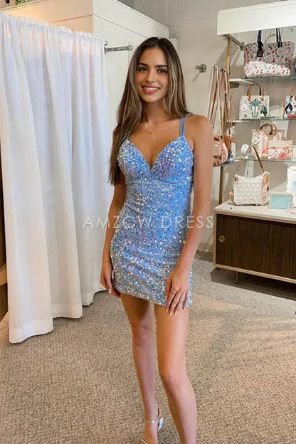 Amzcw Cute Bodycon V Neck Light Blue Sequins Short Homecoming Dresses formal wear dresses