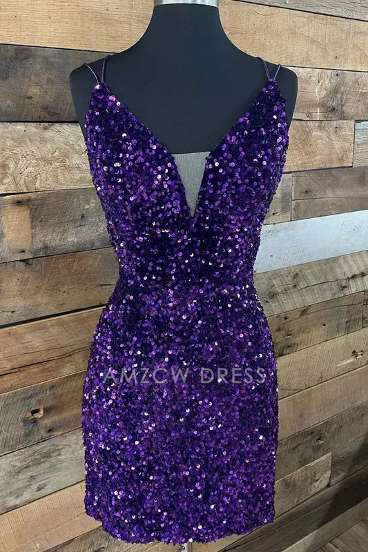 Amzcw Cute Bodycon V Neck Purple Sequins Short Homecoming Dresses with Lace-up