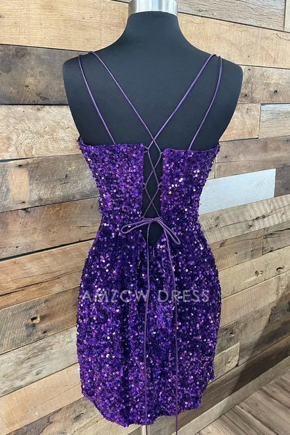 Amzcw Cute Bodycon V Neck Purple Sequins Short Homecoming Dresses with Lace-up