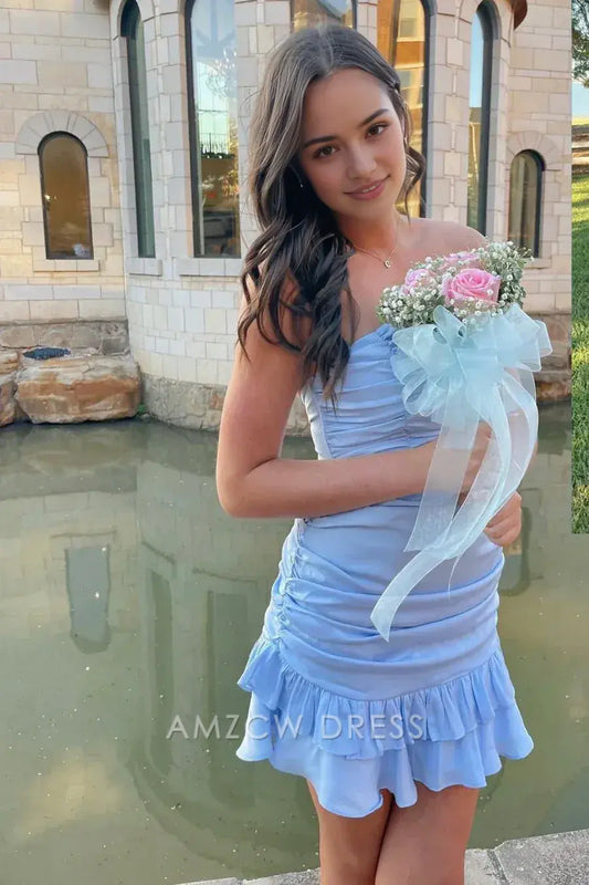 Amzcw Elegant Cute Satin Strapless Pleated Empire Ruffle Homecoming Dress formal wear dresses