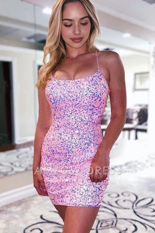 Amzcw Cute Sparkly Scoop Neck Spaghetti Straps Pink Sequins Short Homecoming Dresses formal wear dresses