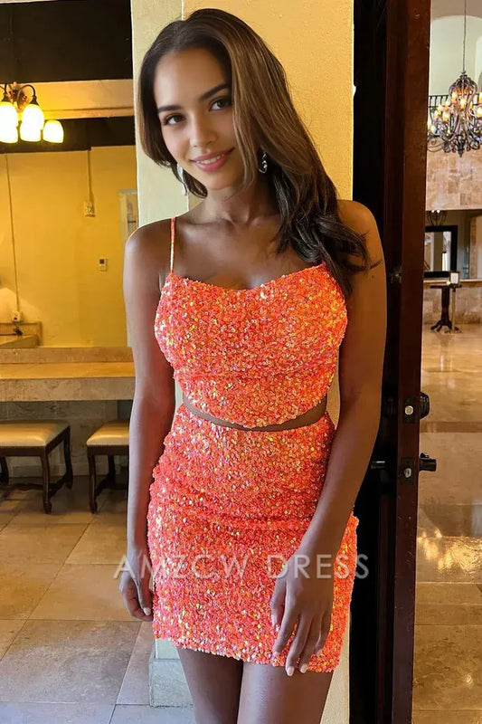 Amzcw Cute Sparkly Two Piece V Neck Sequins Short Homecoming Dresses formal wear dresses