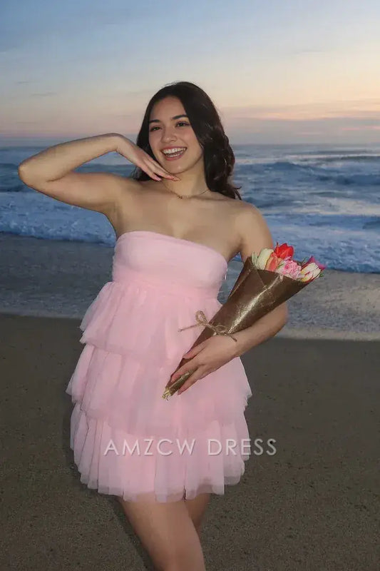 Amzcw Elegant Cute Tulle A-Line Strapless Empire Tiered Party Homecoming Dress formal wear dresses