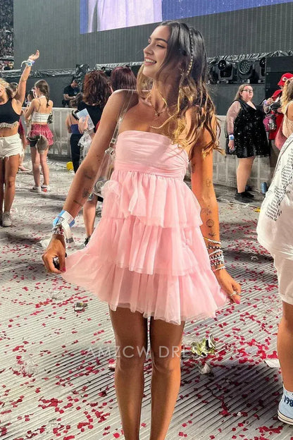 Amzcw Elegant Cute Tulle A-Line Strapless Empire Tiered Party Homecoming Dress formal wear dresses