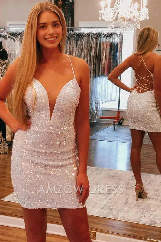 Amzcw Cute V Neck Spaghetti Straps White Velvet Sequins Short Homecoming Dresses formal wear dresses