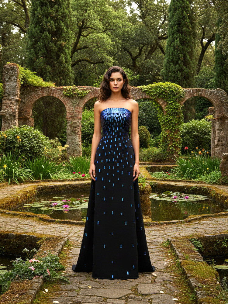 Dark Blue Sequin Strapless Mermaid Long Evening Gown for Party Wedding Banquet Festival Prom Formal Occasions