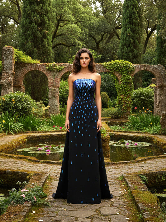 Dark Blue Sequin Strapless Mermaid Long Evening Gown for Party Wedding Banquet Festival Prom Formal Occasions