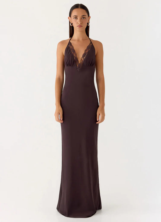 Dark Brown Satin Halter Neck Maxi Prom Dress with Lace Trim and Open Back