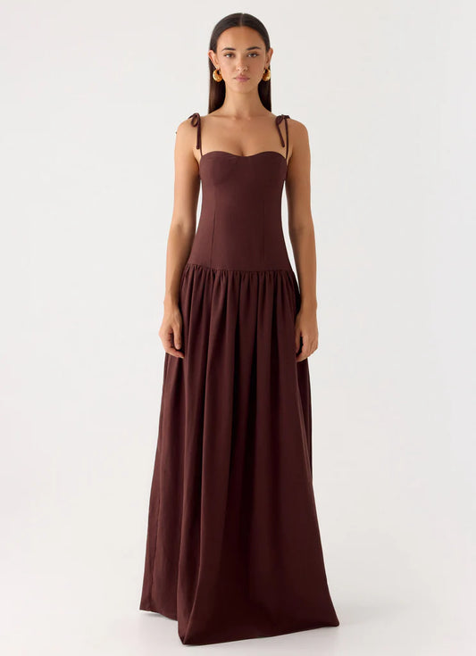 Dark Brown Tie Strap Bustier Maxi Prom Dress with Gathered Waist and Flowy Skirt