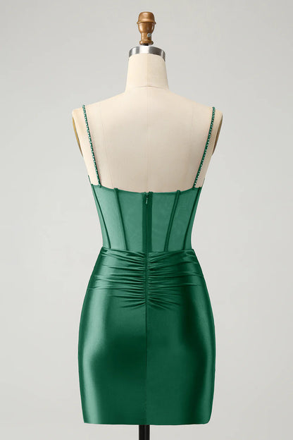 Amzcw Chic Dark Green Bodycon Pleated Corset Short Homecoming Dress with Beading