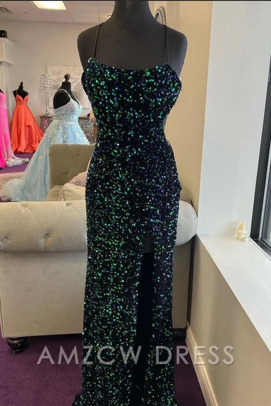 Amzcw Dark Green Sequined Spaghetti Straps Long Formal Dress formal wear dresses