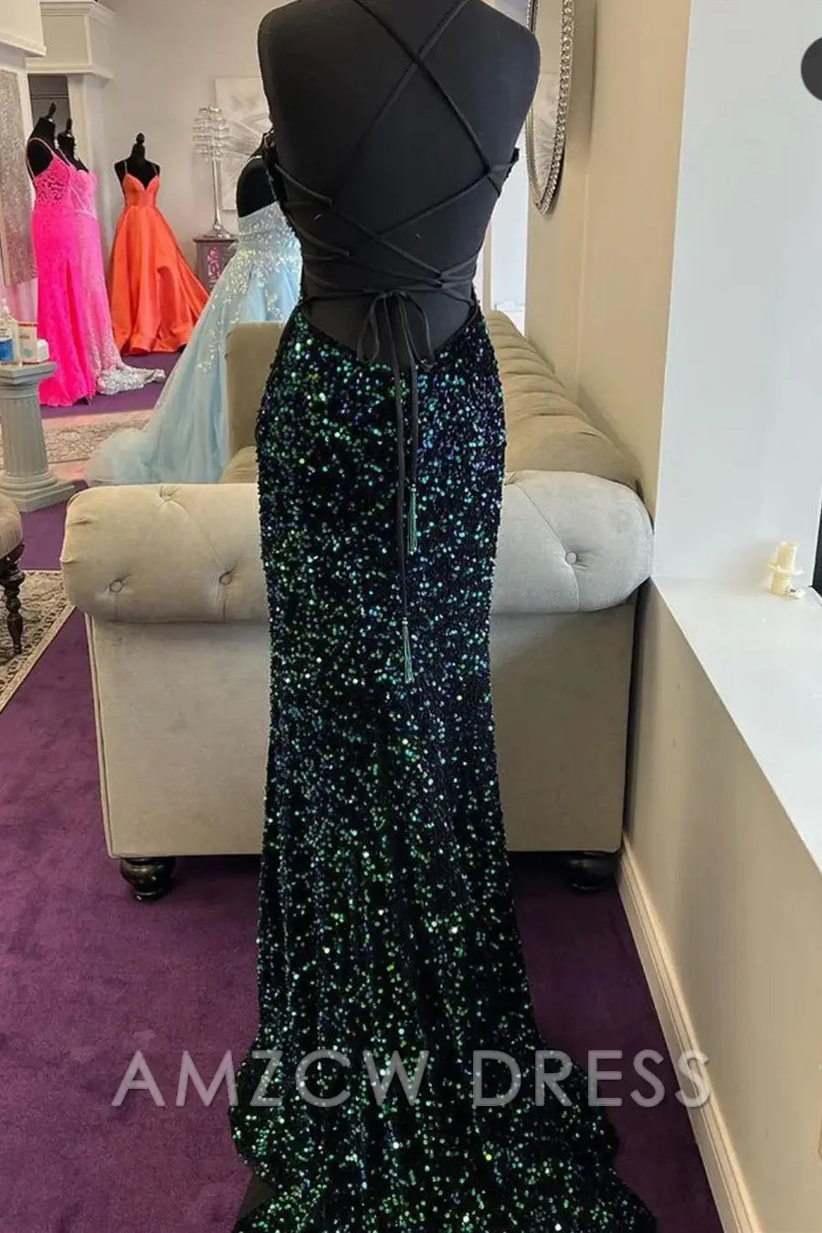Amzcw Dark Green Sequined Spaghetti Straps Long Formal Dress formal wear dresses