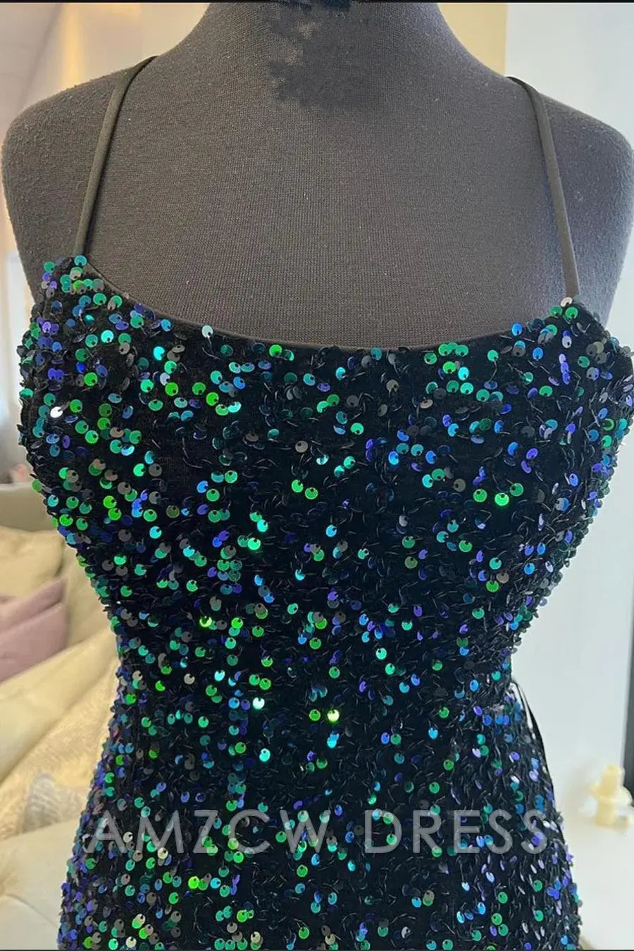 Amzcw Dark Green Sequined Spaghetti Straps Long Formal Dress formal wear dresses