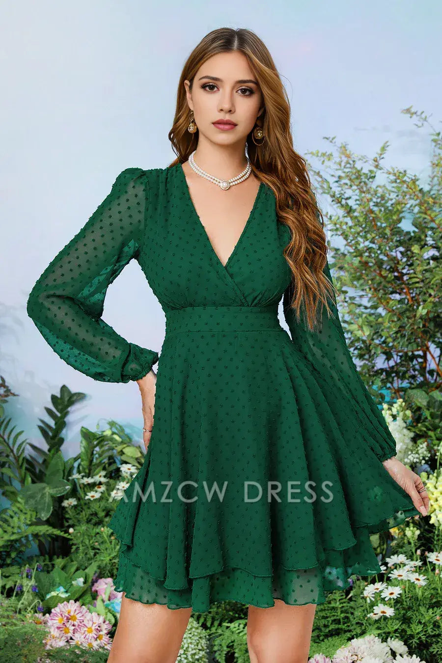 Amzcw Elegant Dark Green Surplice Long Sleeves Printed Homecoming Dress formal wear dresses