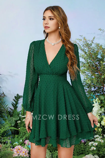Amzcw Elegant Dark Green Surplice Long Sleeves Printed Homecoming Dress formal wear dresses