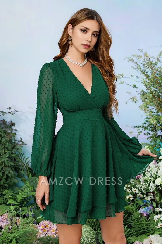 Amzcw Elegant Dark Green Surplice Long Sleeves Printed Homecoming Dress formal wear dresses