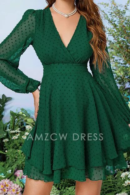 Amzcw Elegant Dark Green Surplice Long Sleeves Printed Homecoming Dress formal wear dresses