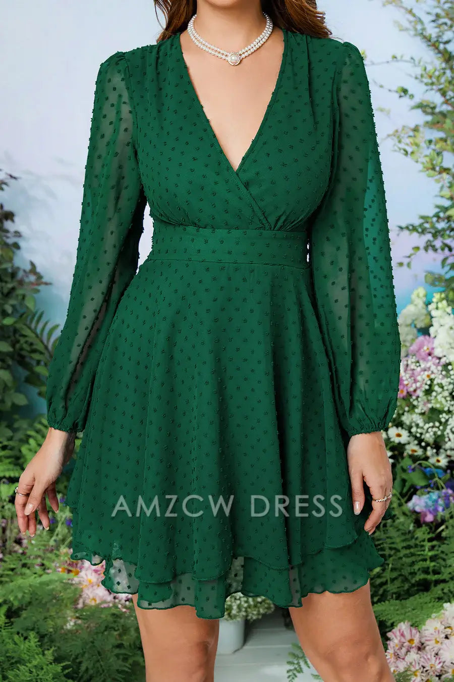 Amzcw Elegant Dark Green Surplice Long Sleeves Printed Homecoming Dress formal wear dresses
