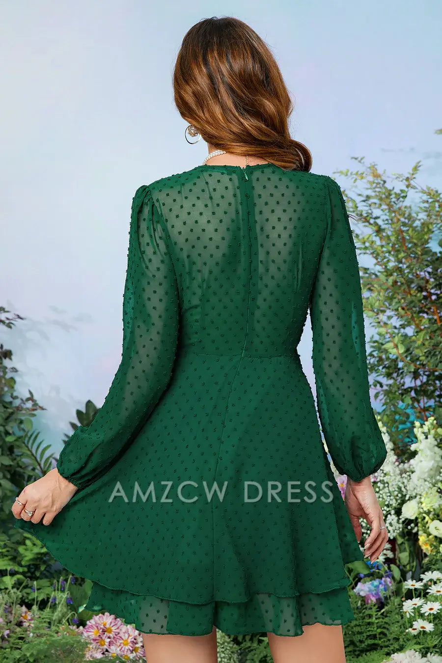 Amzcw Elegant Dark Green Surplice Long Sleeves Printed Homecoming Dress formal wear dresses