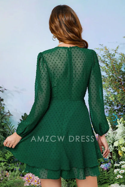 Amzcw Elegant Dark Green Surplice Long Sleeves Printed Homecoming Dress formal wear dresses