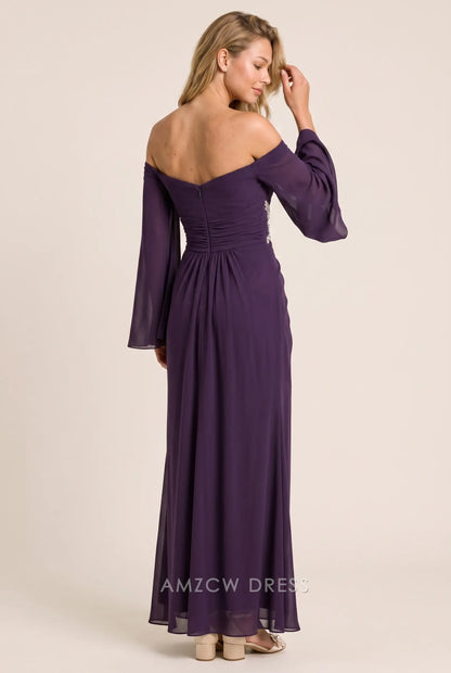 Dark Purple Chiffon Fitted Off Shoulder Sweetheart Bell Sleeve Ruched Open Back Floor Length Formal Evening Prom Dress