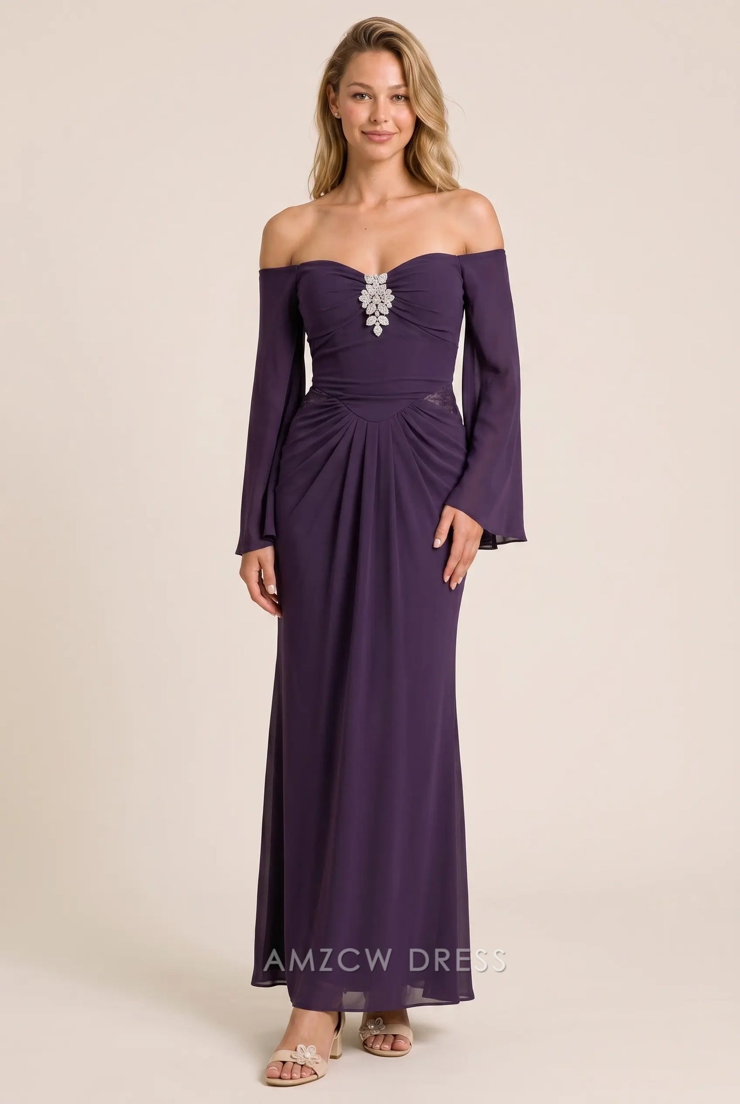 Dark Purple Chiffon Fitted Off Shoulder Sweetheart Bell Sleeve Ruched Open Back Floor Length Formal Evening Prom Dress