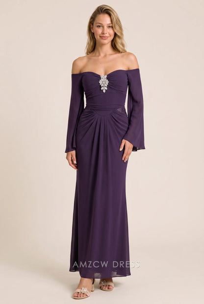 Dark Purple Chiffon Fitted Off Shoulder Sweetheart Bell Sleeve Ruched Open Back Floor Length Formal Evening Prom Dress