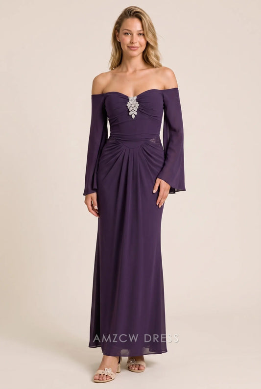 Dark Purple Chiffon Fitted Off Shoulder Sweetheart Bell Sleeve Ruched Open Back Floor Length Formal Evening Prom Dress
