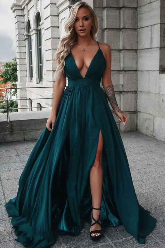 Amzcw Dark green v neck long prom dress green evening dress formal wear dresses