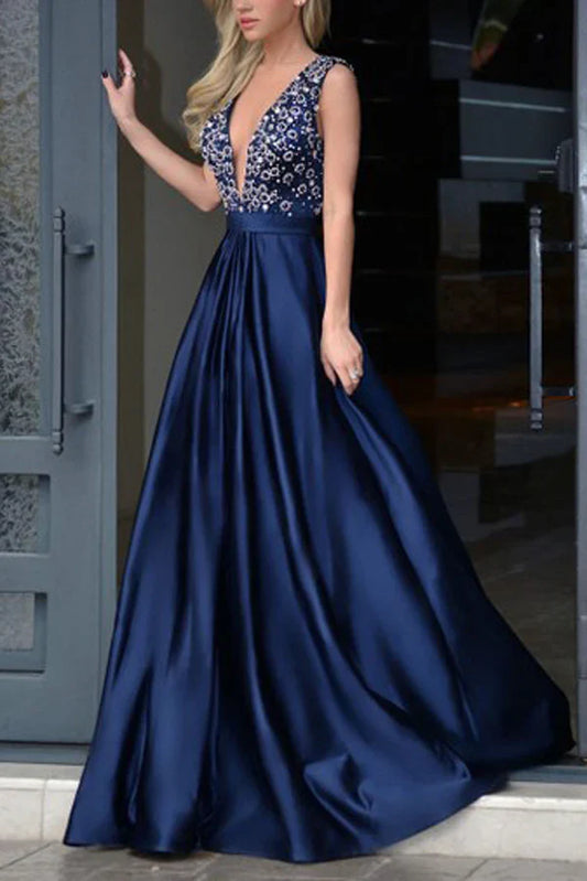 Dazzling Beaded A-Line V-Neck Sleeveless Open-Back Floor-Length Evening Gown