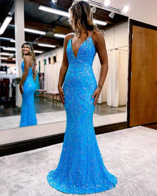 Dazzling Sequin Deep-V Cross-back Mermaid Train Floor-length Prom Dress