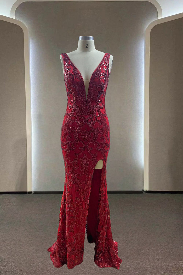 V Back   Dazzling Sequin Mermaid V-Neck Sleeveless Open-Back High-Slit Floor-Length Prom Gown