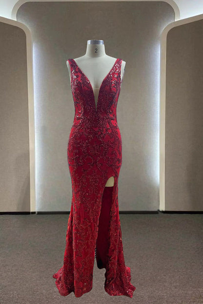 V Back   Dazzling Sequin Mermaid V-Neck Sleeveless Open-Back High-Slit Floor-Length Prom Gown