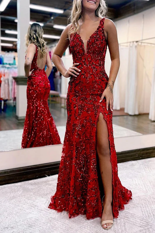 V Back   Dazzling Sequin Mermaid V-Neck Sleeveless Open-Back High-Slit Floor-Length Prom Gown
