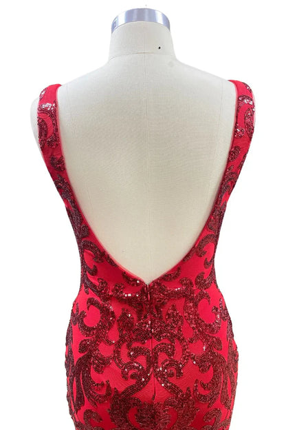 V Back   Dazzling Sequin Mermaid V-Neck Sleeveless Open-Back High-Slit Floor-Length Prom Gown