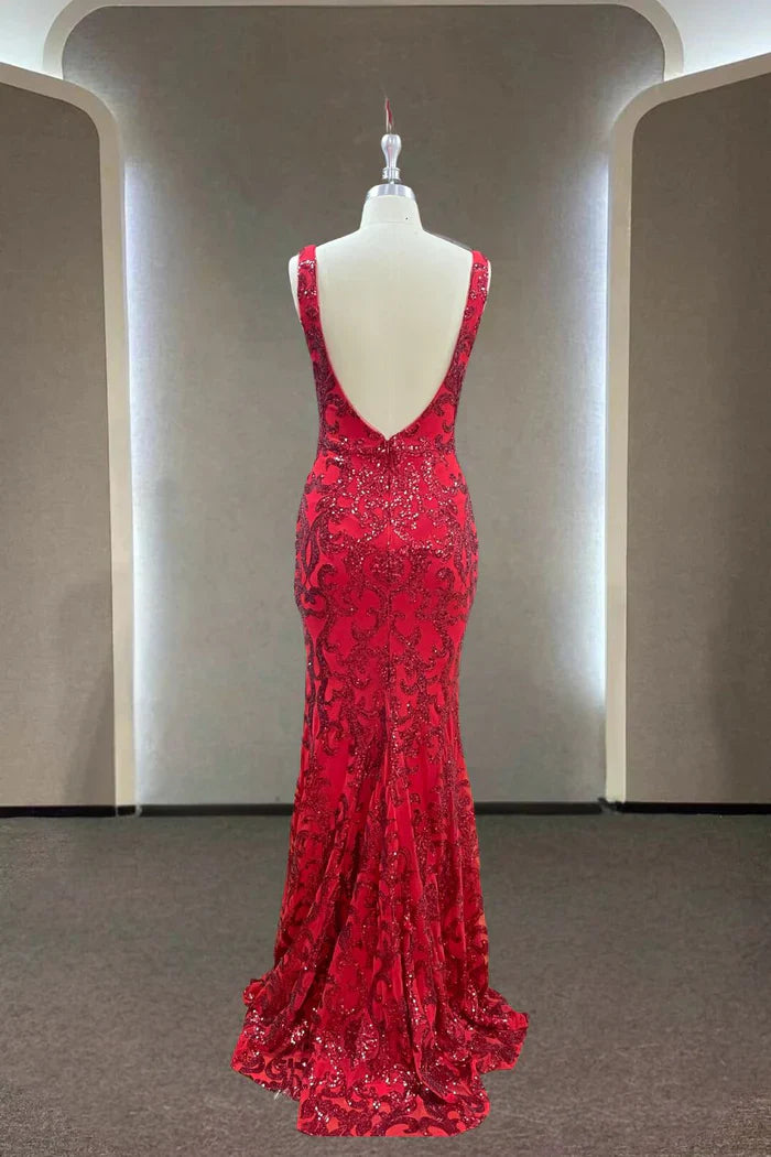 V Back   Dazzling Sequin Mermaid V-Neck Sleeveless Open-Back High-Slit Floor-Length Prom Gown